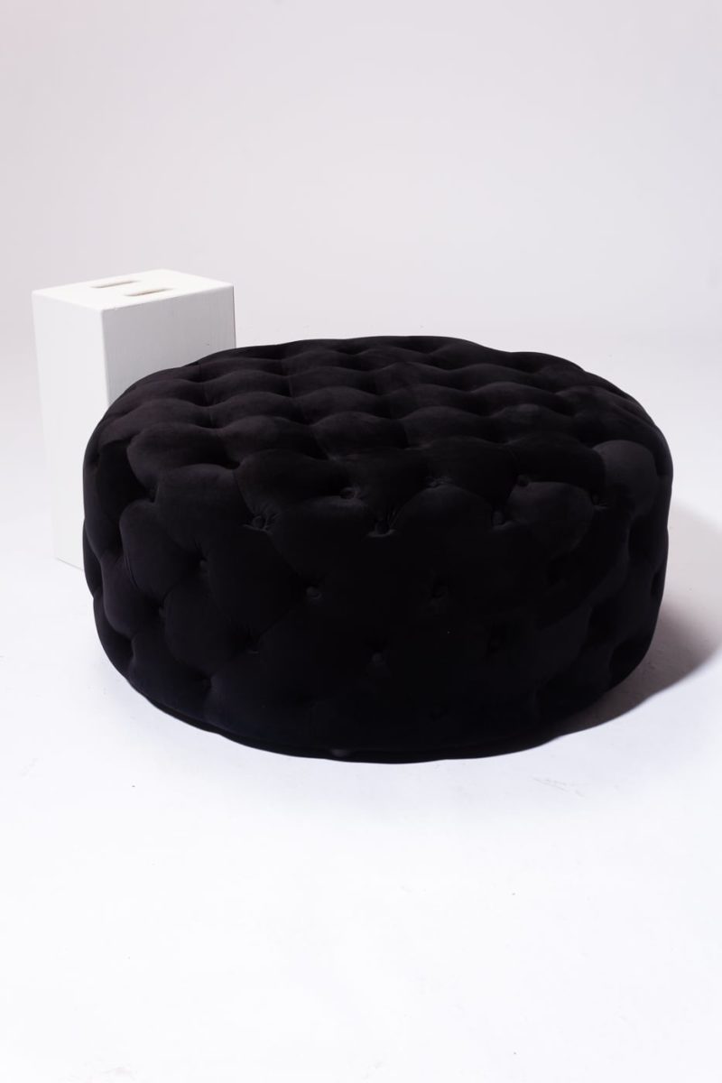 CO082 Lexi Tufted Black Velvet Round Ottoman Prop Rental | ACME Brooklyn